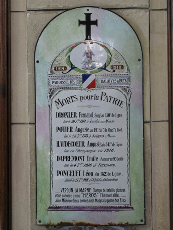 Tableau commémoratif des morts de la 1ère Guerre Mondiale