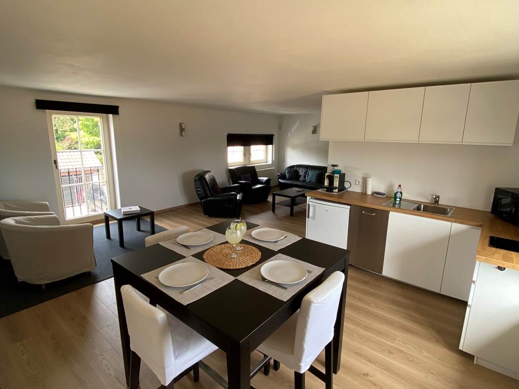 Appartement équipé d'une cuisine, d'un coin à manger, d'un salon télévision et d'un coin lecture
