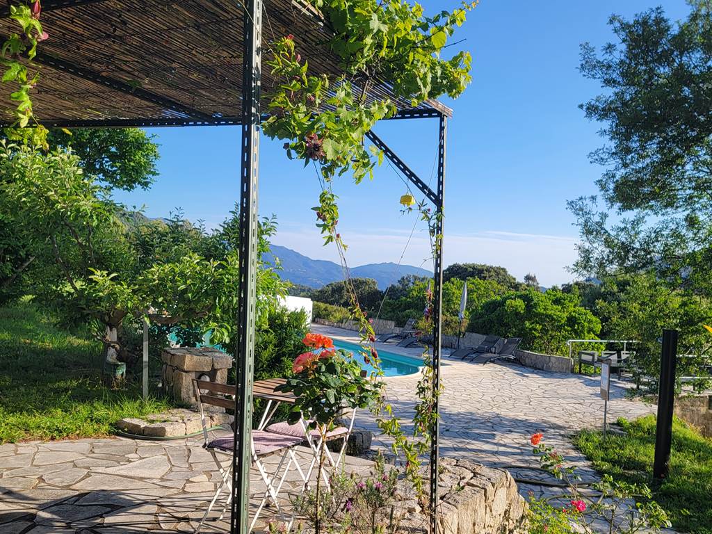 Espace détente ombragé dans le jardin arboré avec vue sur la piscine et la nature environnante.
