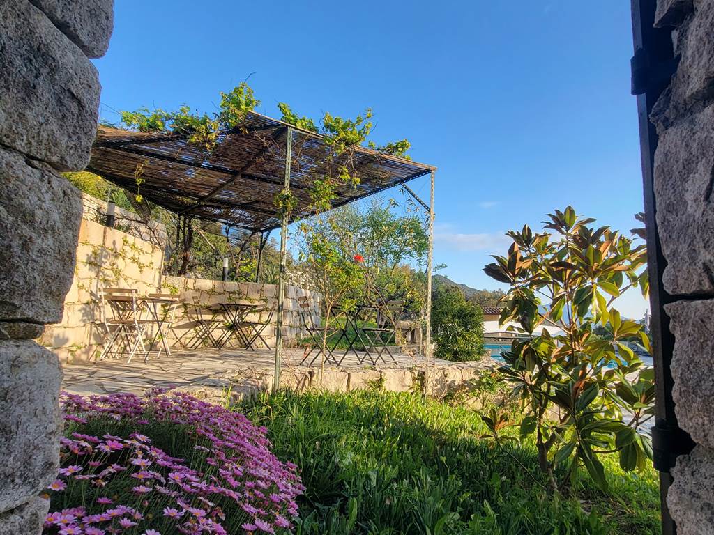 Terrasse ombragée avec pergola et vue sur le jardin méditerranéen du domaine.