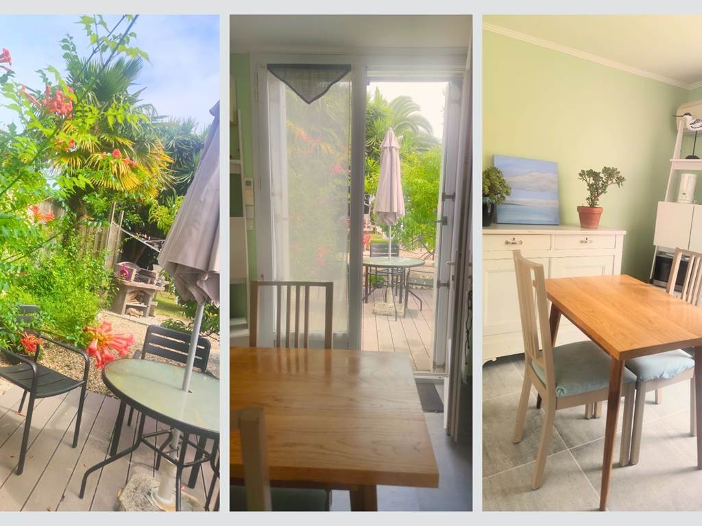 Salon salle à manger lumineux avec terrasse fleurie attenante Un espace convivial ouvert sur le jardin : installez-vous à l’intérieur ou à l’extérieur, selon l’envie du moment.