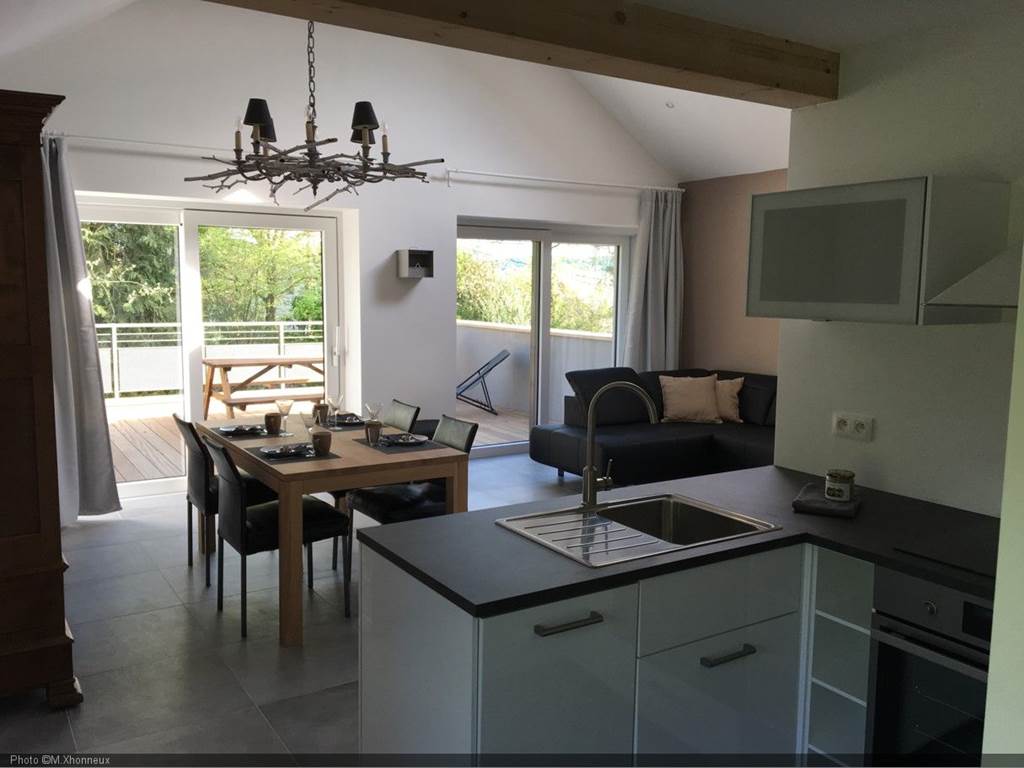 Vue cuisine sur salle à manger et terrasse