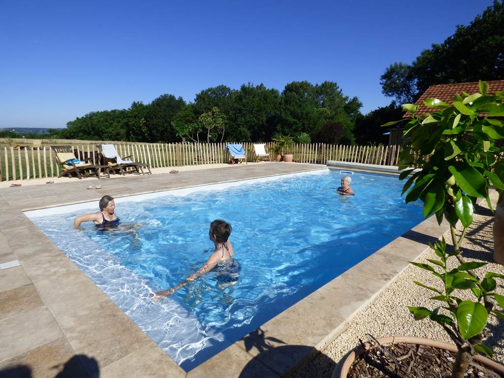 piscine d'eau salée avec vue sur la bastide de Beaumont du Périgord