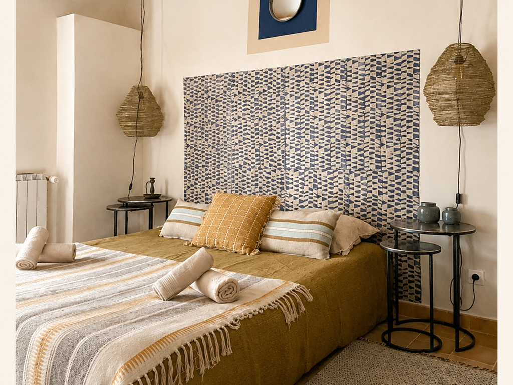 Chambre Bleu Outremer-un caractère où le bleu profond dialogue avec les matières naturelles et l'esprit artistique du Mas"