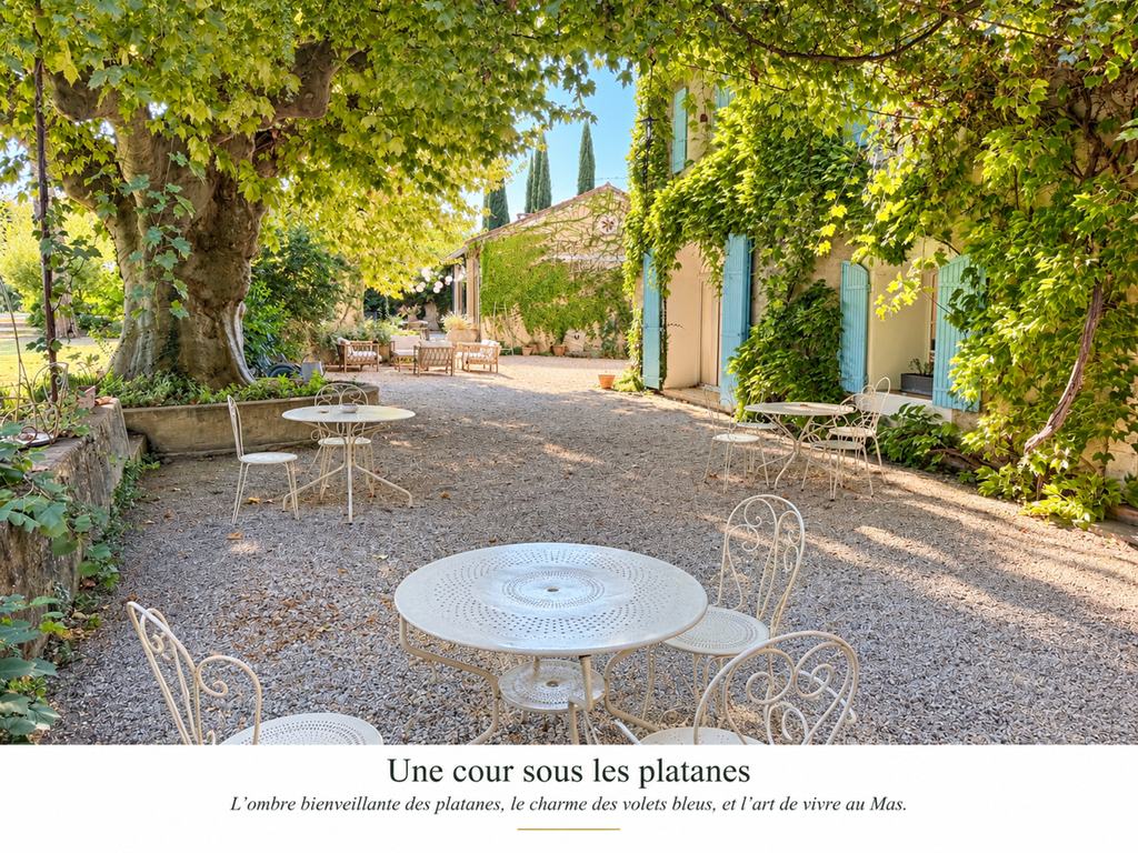 "l'ombre bienveillante des platanes, le charme des volets bleus et l'art de vivre du Mas"