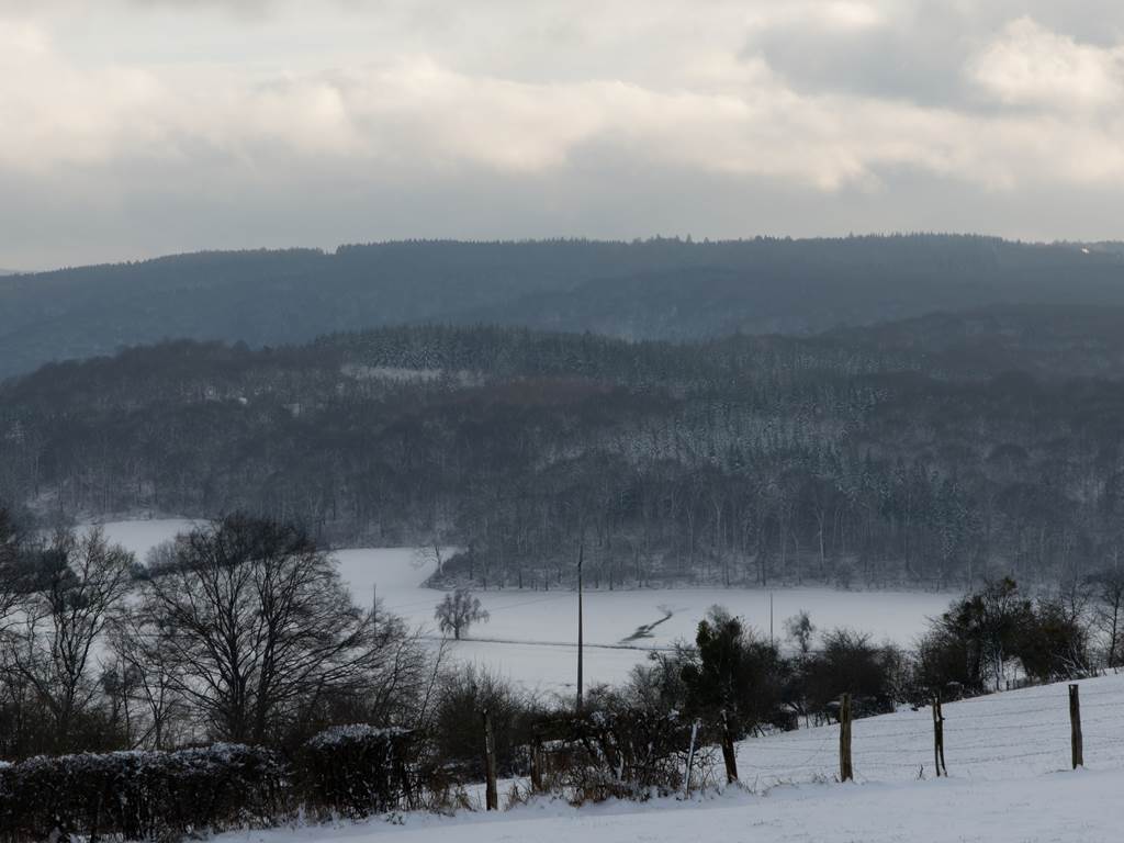 Vue générale d'un paysage vallonné en hiver