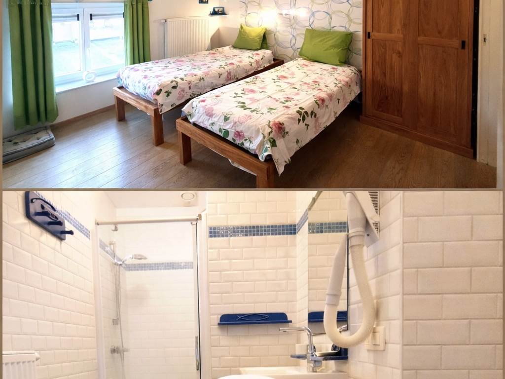 Une chambre aux lits jumeaux et sa salle d'eau complète.