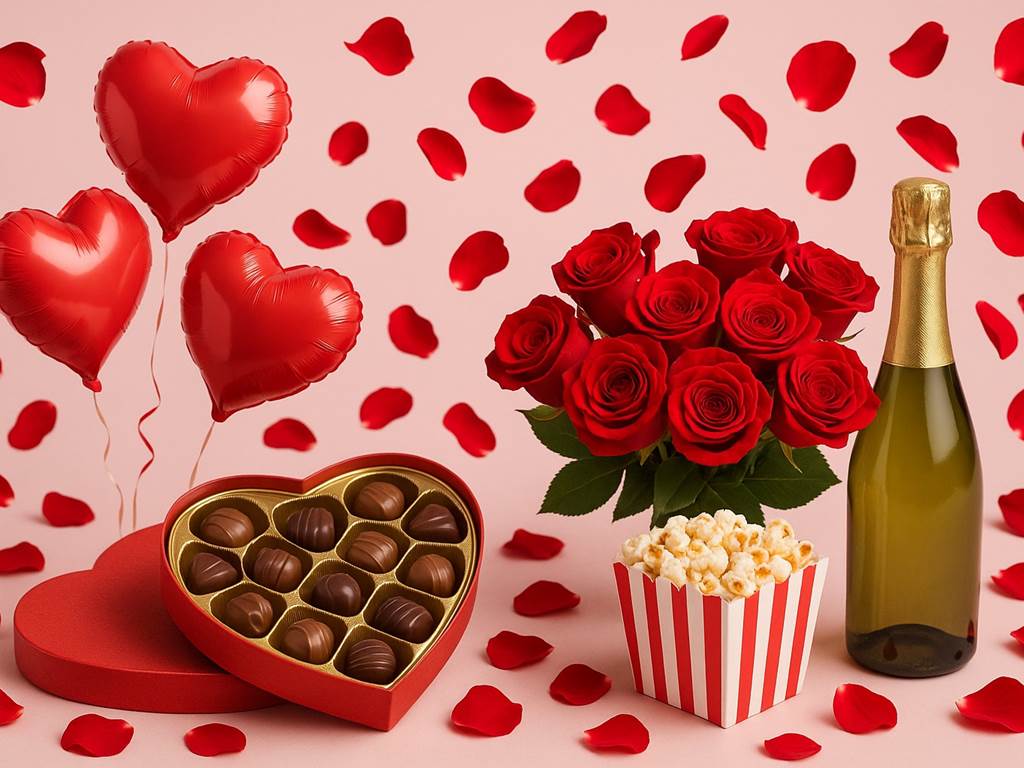 Packe Lover avec pétales ballons vin pétillant chocolats pop corn bouquet
