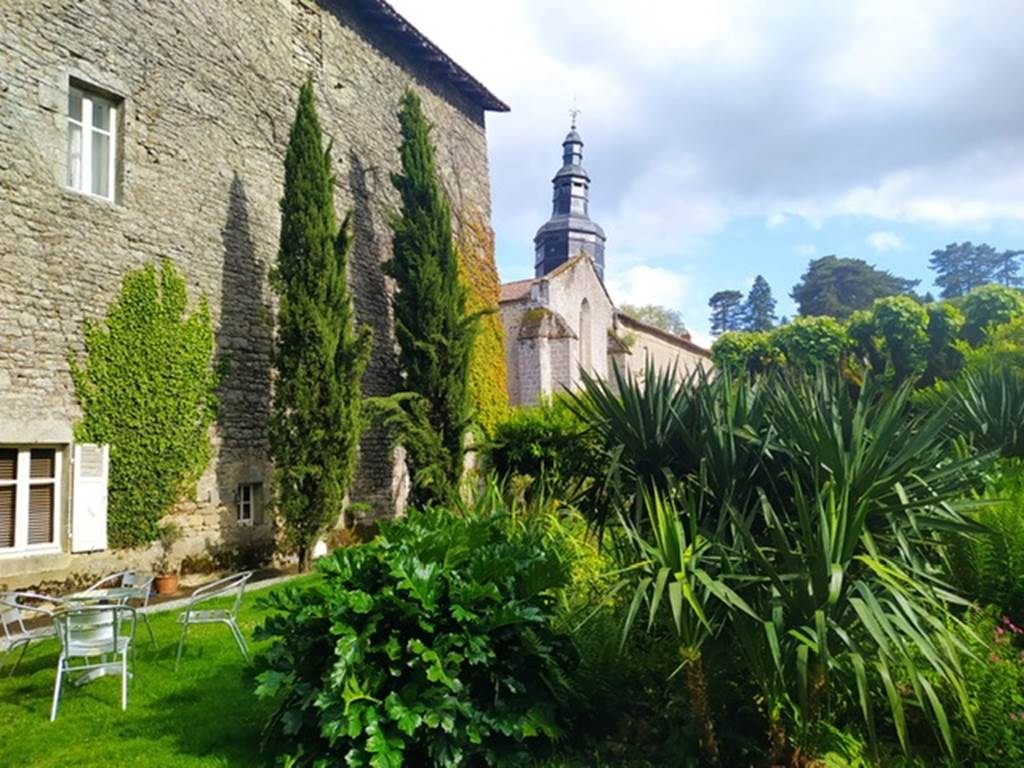 Vue de la petite piscine ronde derrière la végétation