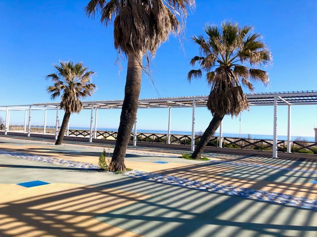 Promenade en bord de mer avec palmiers à Port Leucate