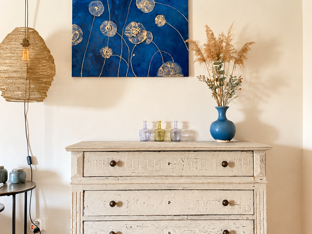 "entre mobilier de caractère, matières naturelles et touches artistiques"