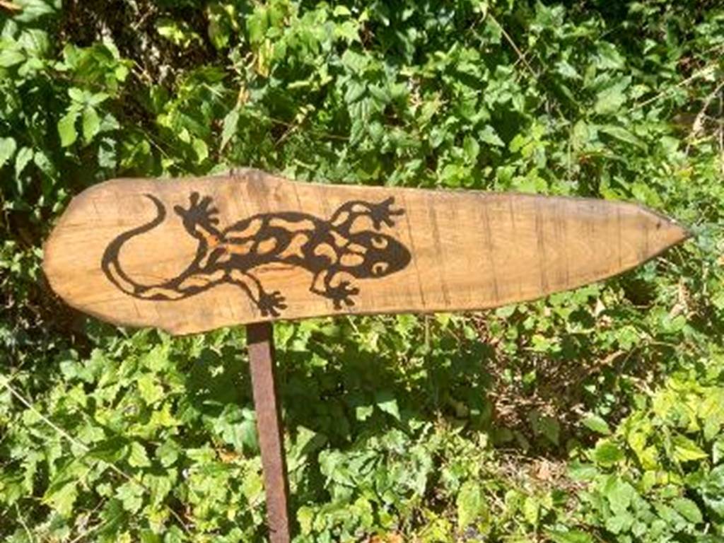 Pancarte en bois en forme de feuille ornée d'une salamandre gravée, à l'entrée du Domaine de la Salamandre à Lauzerte (Tarn-et-Garonne). Symbole du lieu, elle accueille les voyageurs dans un cadre verdoyant et authentique.