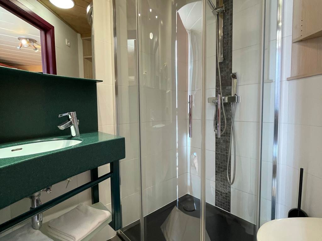 Salle de bain privative des chambres Twin 12 et 22 comprenant une belle douche, un lavabo, un sèche cheveux et toilettes
