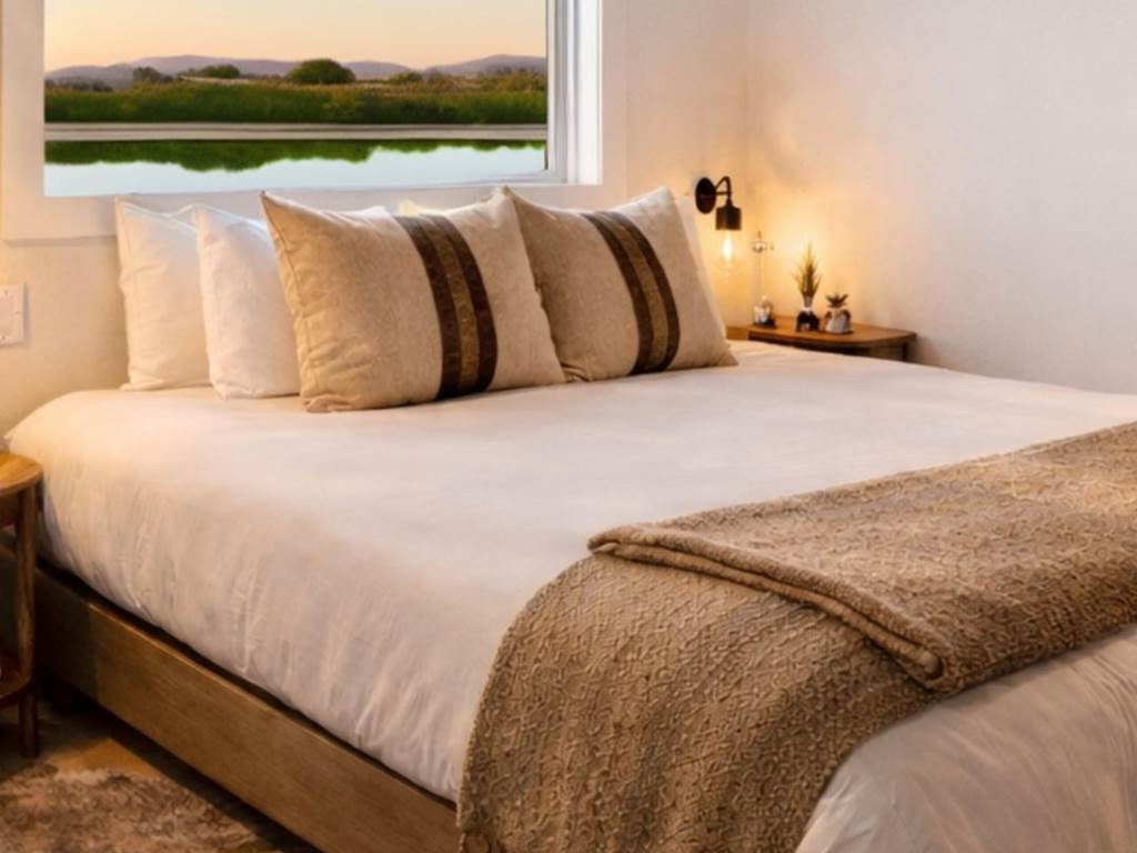 Chambre double du houseboat avec lit confortable, hébergement pour 4 personnes sur le canal du Rhône à Sète à Saint-Gilles.