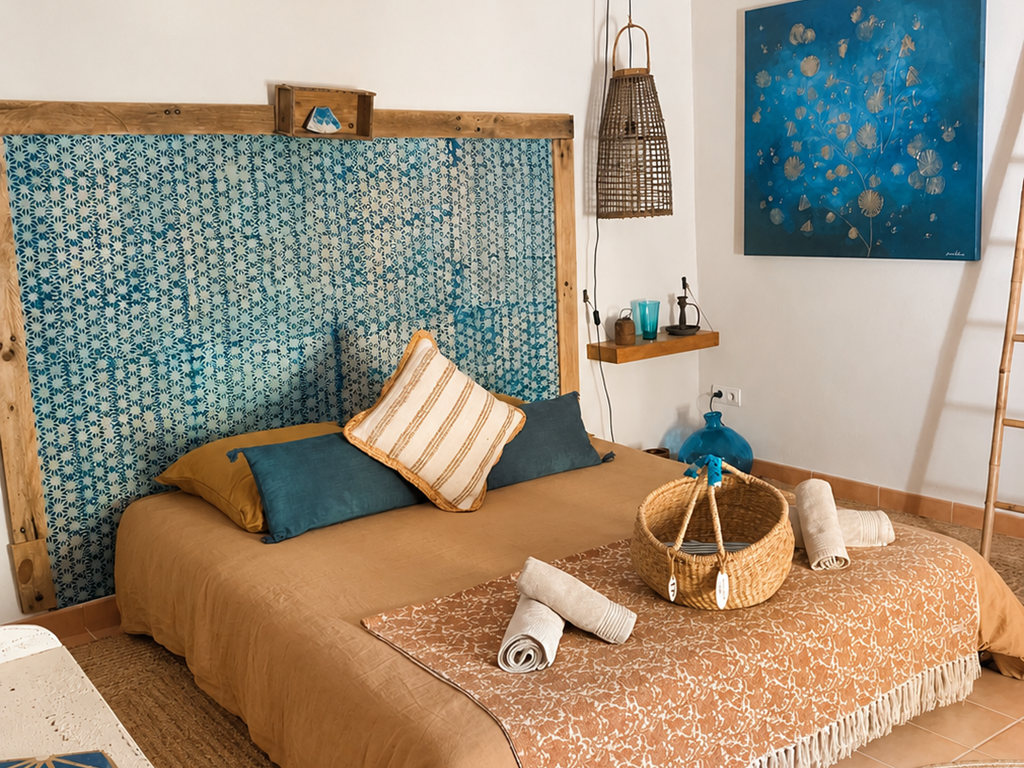"Chambre Bleu de Céruléum-une atmosphère chaleureuse où matières naturelles, nuances de bleu et créations artistiques se rencontrent"
