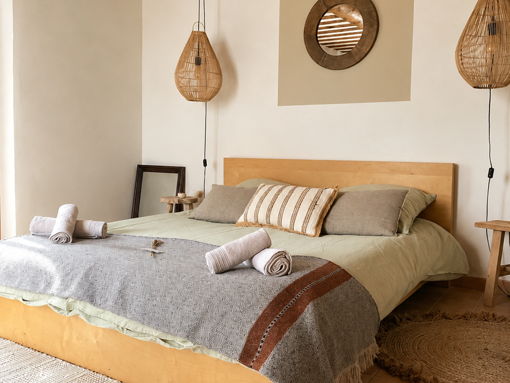 "Chambre Terre de Sienne naturelle-chaleureuse aux nuances de terre, où matières naturelles et détails artistiques invitent à la sérénité"