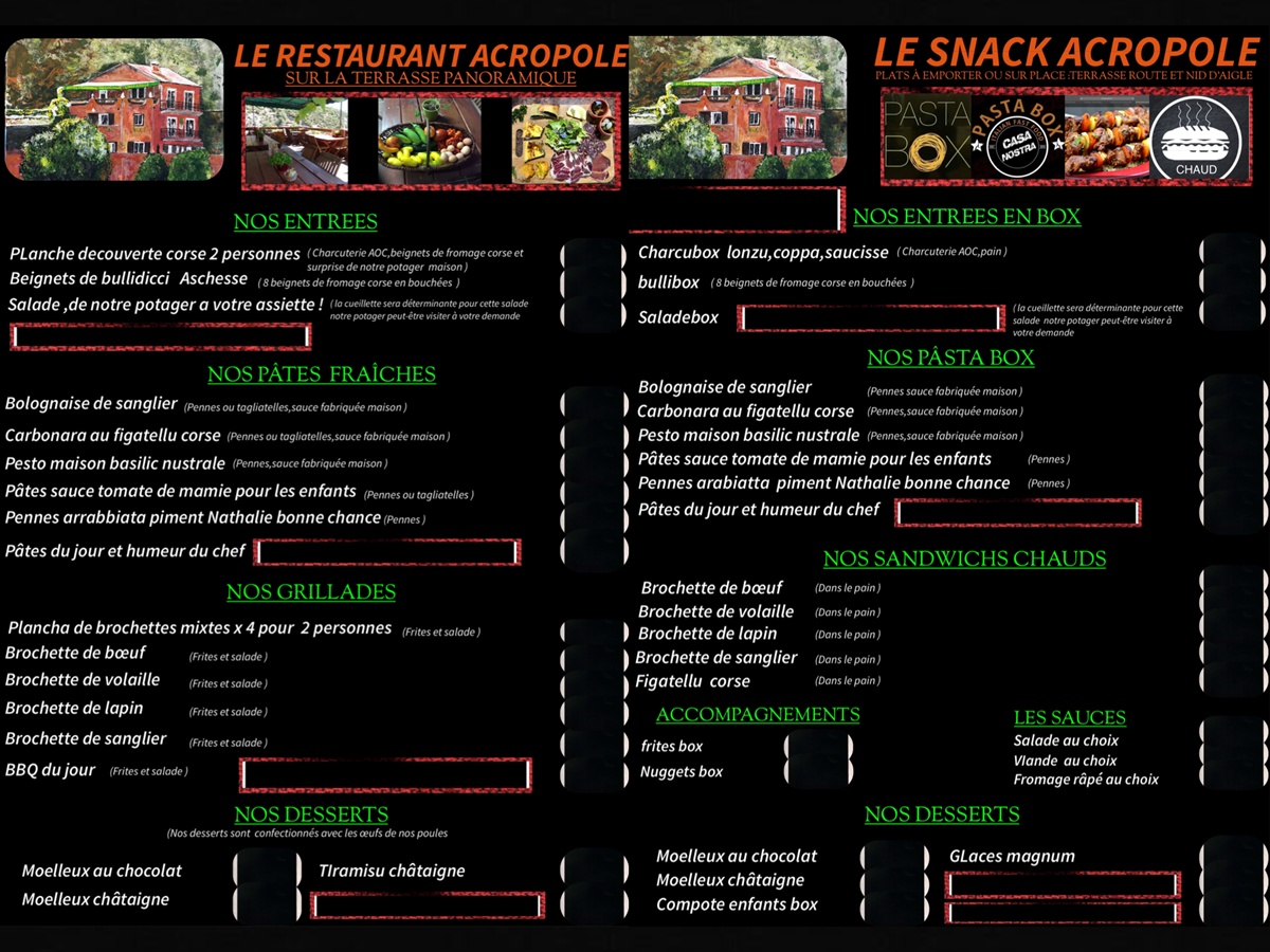 Carte restaurant et snack