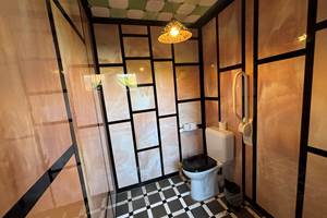 Les toilettes du rez entièrement revêtues de Marbrite saumon