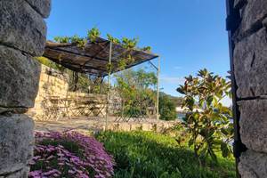 Terrasse ombragée avec pergola et vue sur le jardin méditerranéen du domaine.