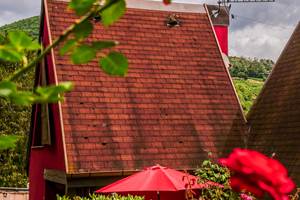 Le pavillon en été dans son cadre très verdoyant et fleuri