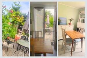 Salon salle à manger lumineux avec terrasse fleurie attenante Un espace convivial ouvert sur le jardin : installez-vous à l’intérieur ou à l’extérieur, selon l’envie du moment.