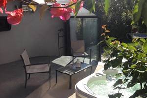 abri spa ensoleillé avec jardin