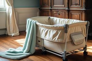 un lit parapluie pliable de voyage pour bébé, avec un plaid dessus, dans une chambre cosy, près d'une armoire ancienne
