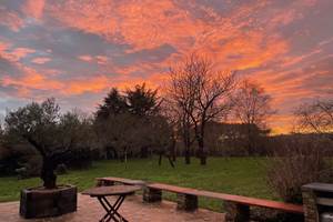 Terrasse et parc au coucher du soleil en hiver