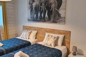 Chambre avec deux lits simples pour enfants dans une suite familiale près du Zoo de La Flèche