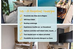 Houseboat tout équipé offrant confort moderne, terrasse panoramique et espaces de vie lumineux. Un hébergement unique sur l’eau, idéal pour profiter d’un cadre naturel paisible et dépaysant.