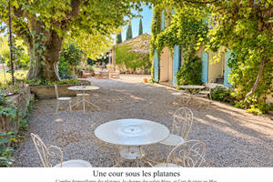 "l'ombre bienveillante des platanes, le charme des volets bleus et l'art de vivre du Mas"