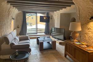 salon-troglodyte-ecran-plat-gite-couple-jacuzzi-chinon