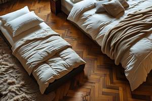 lit d'appoint au sol d'une chambre cosy avec vieux parquet et tapis, grands lit à côté. une couette et un oreiller pour garnir le lit d'appoint