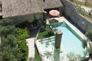 Piscine extérieure entourée de verdure dans un domaine viticole du sud de la France