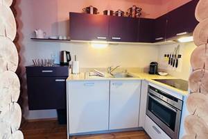 Cuisine avec plaque induction, four traditionnel et micro-ondes, lave vaisselle, belle vaisselle