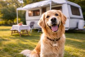 Chien heureux au camping en plein air