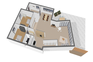 plan 3d avec extérieur du rez de chaussée / 3d plan with ground floor exterior