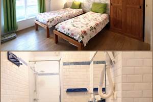 Une chambre aux lits jumeaux et sa salle d'eau complète.