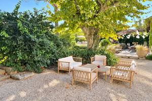 "À l'ombre du grand platane, un salon extérieur pour profiter de la douceur du jardin"