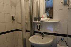 mini salle de bain avec douche/wc, chambre forêt
