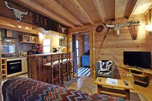 Salon cosy au style vintage du Chalet Ouessant à Plouarzel, pour des vacances familiales originales en Bretagne