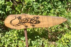 Pancarte en bois en forme de feuille ornée d'une salamandre gravée, à l'entrée du Domaine de la Salamandre à Lauzerte (Tarn-et-Garonne). Symbole du lieu, elle accueille les voyageurs dans un cadre verdoyant et authentique.