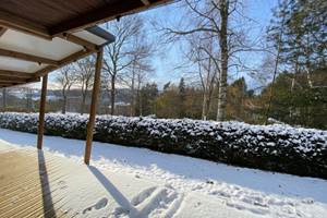 Grande terrasse couverte vue sur la forêt