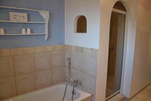 La salle de bain avec douche et baignoire