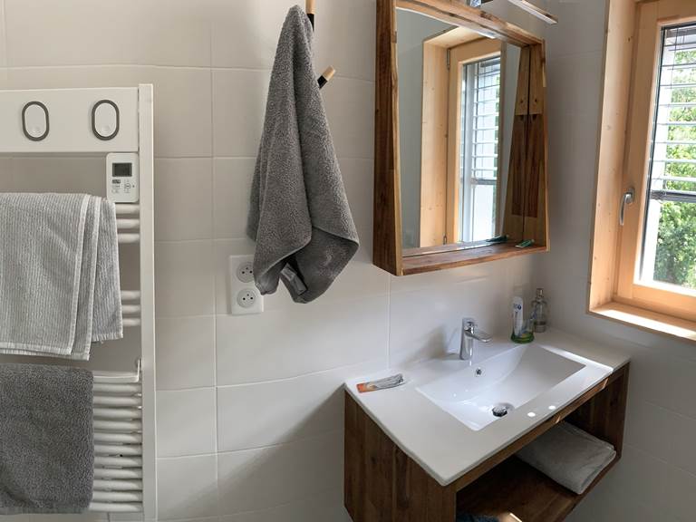 Salle de bain lumineuse avec une douche, une vasque, un grand sèche serviette et des WC.